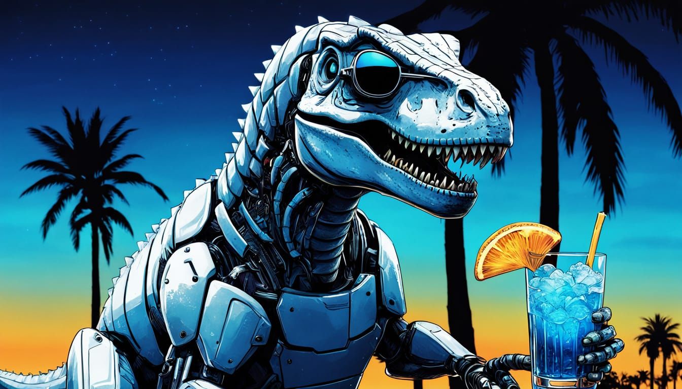 Cyberpunk T-Rex Sipping Cocktail in Neon Beach Art