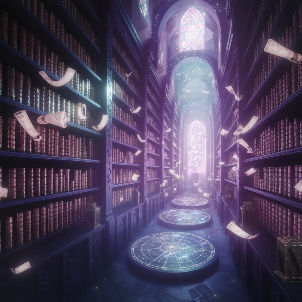 Whimsical Ancient Library in Dreamy Stained Glass Light