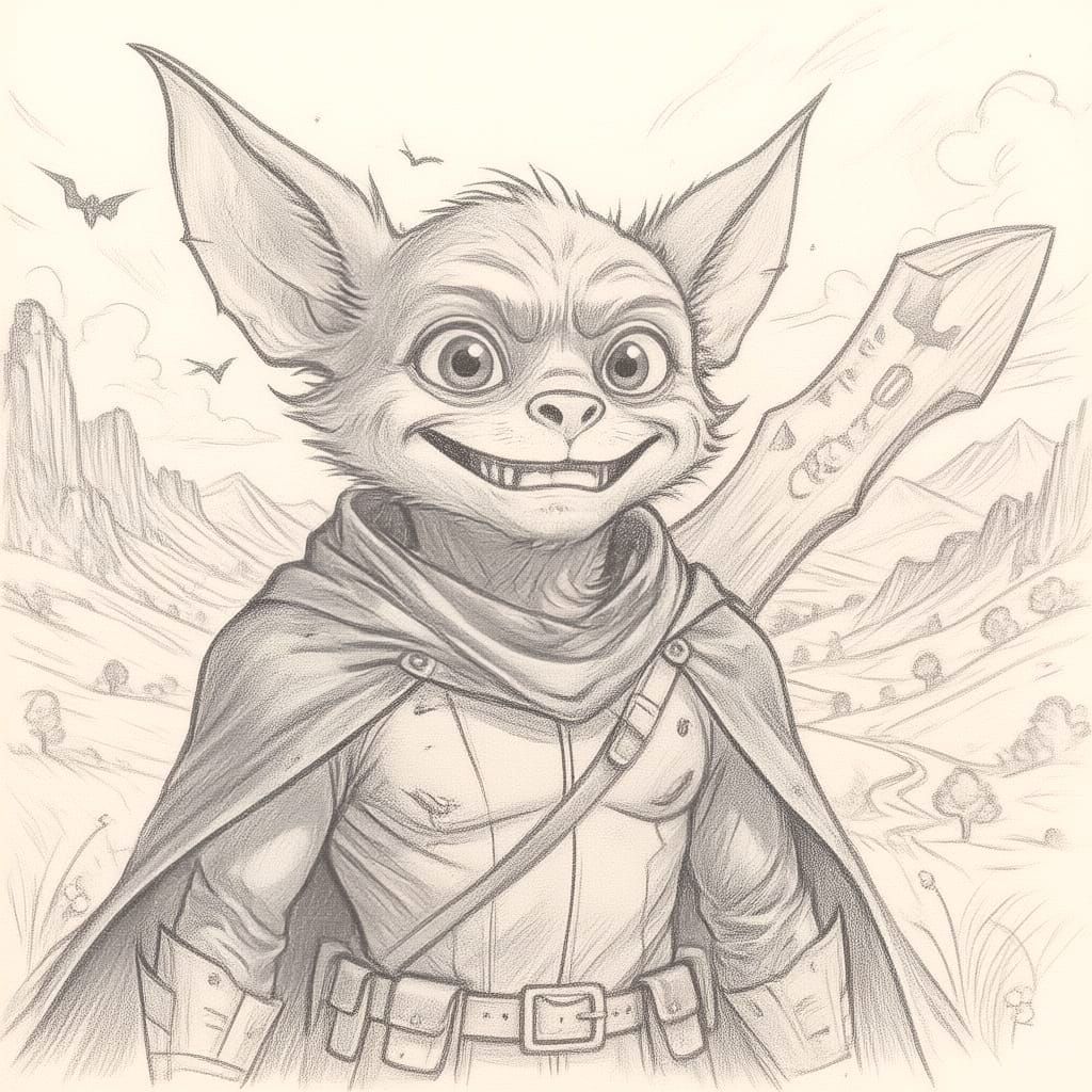Humorous Furry Bat Character Holding Wooden Bat
