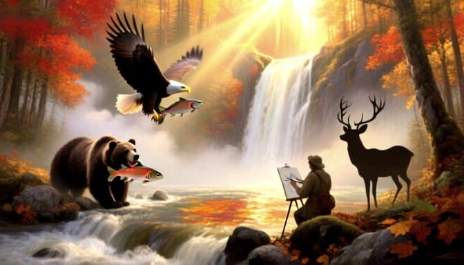 Majestic Autumn Waterfall in Glowing Forest