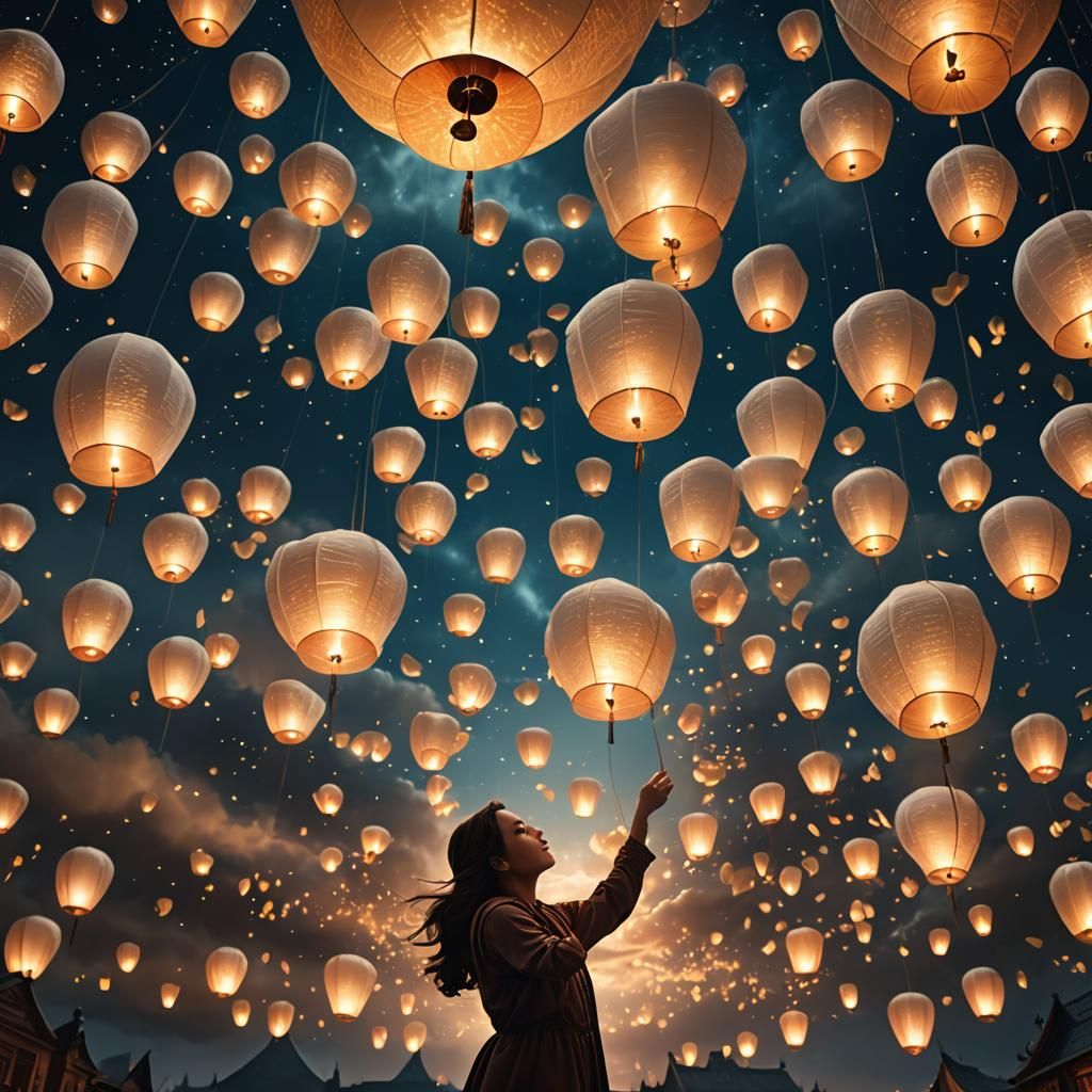 Woman Releases Sky Lantern at Night: Digital Painting