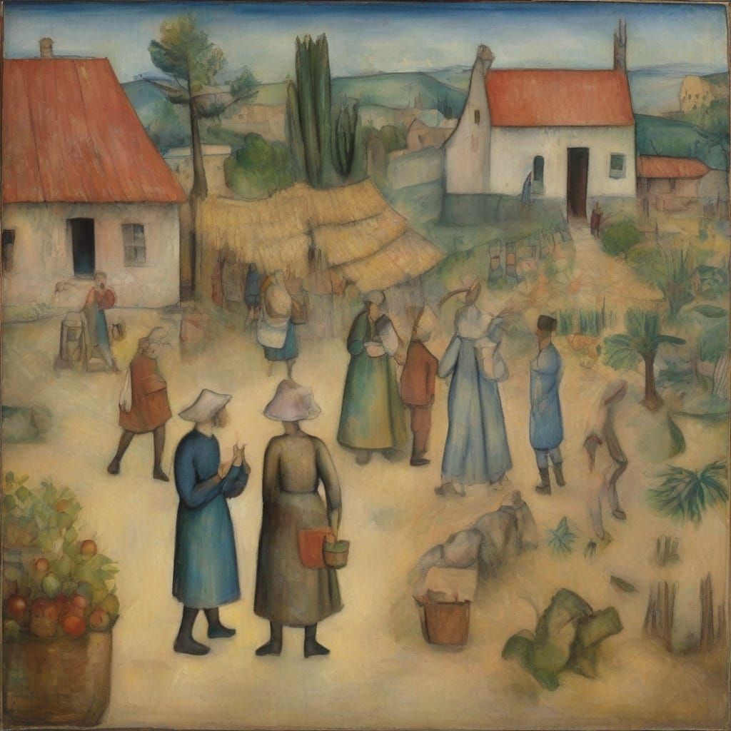 Eventful Farmstand in the Style of El Greco and Klee