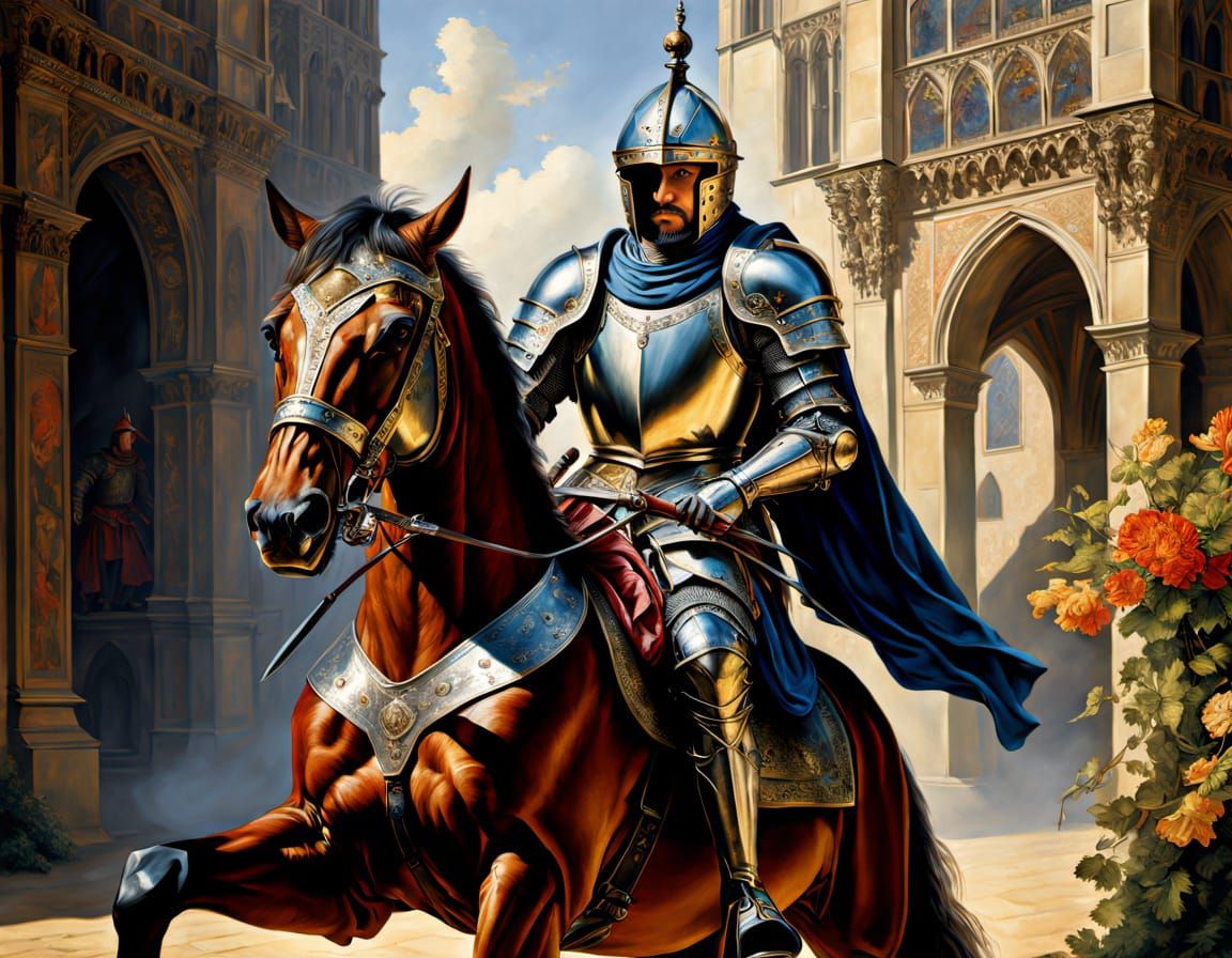 Knight in Armor Galloping at Tournament in Hyper-Realistic S...