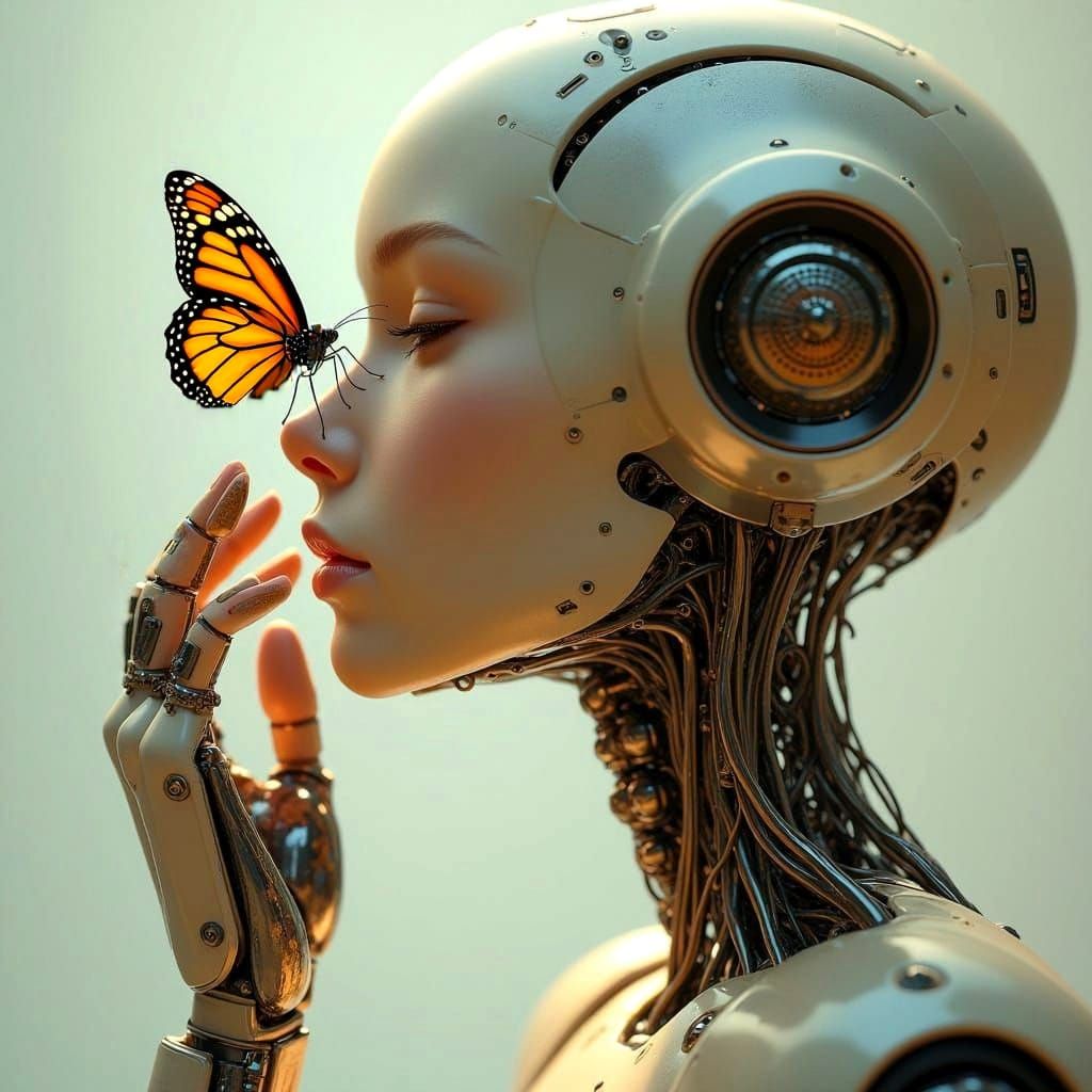 Gentle Robotic Woman with Butterfly
