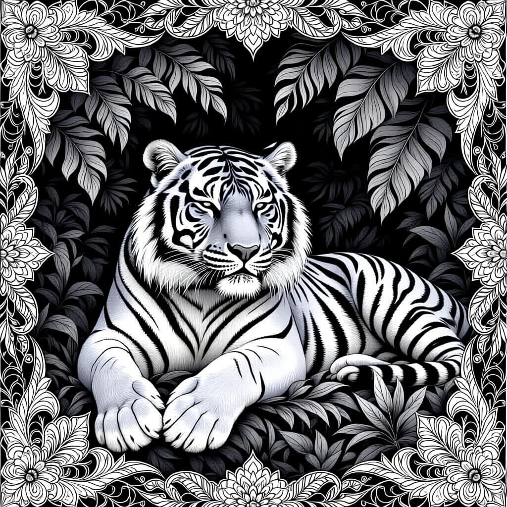 Majestic Tiger in Jungle Foliage, Black and White Line Art