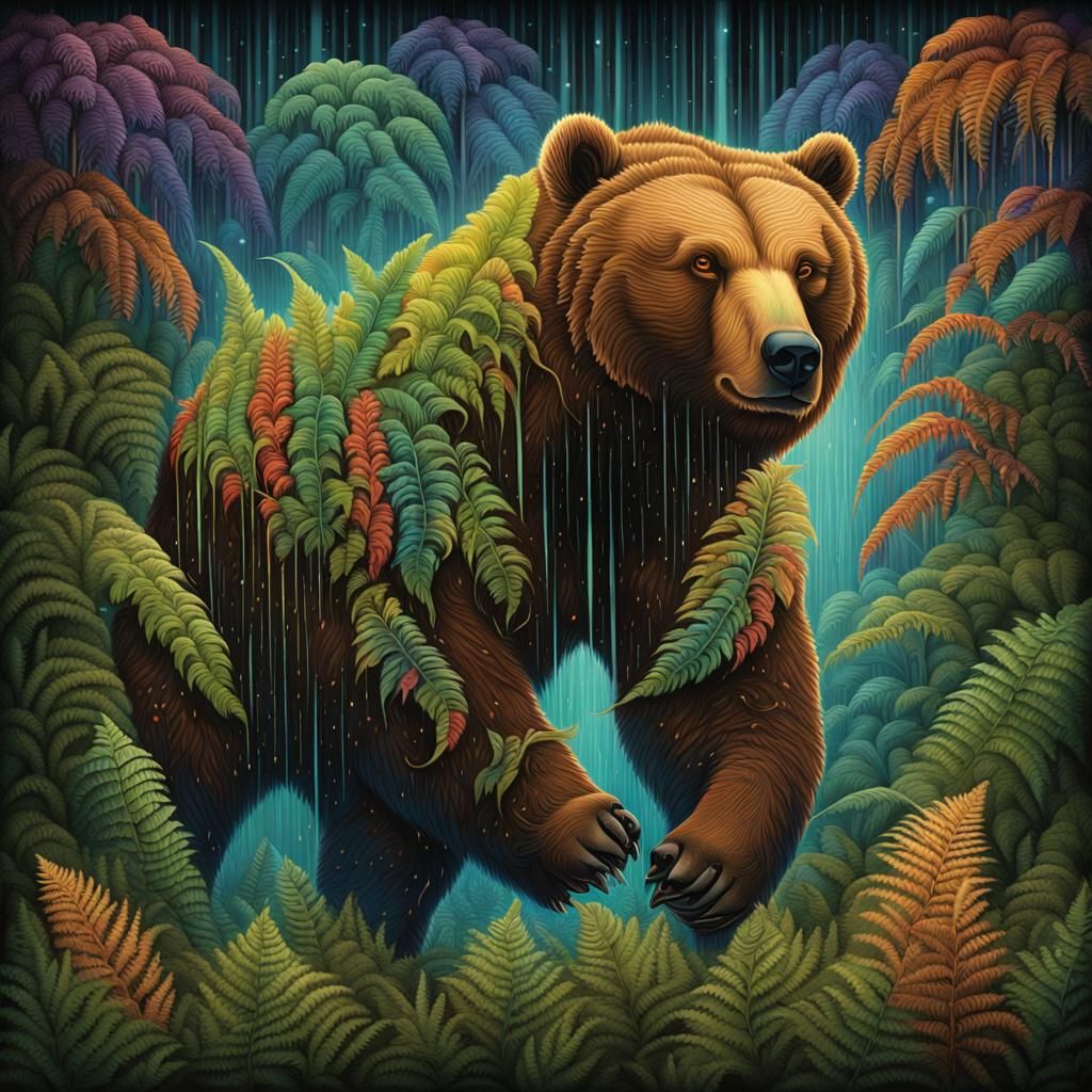 Rainbow Grizzly Bear Merges with Biomechanical Fern