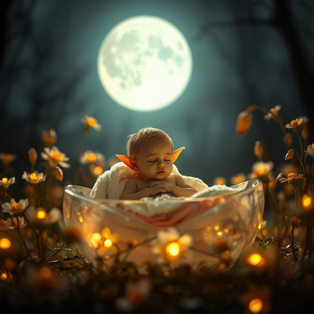 Wood Elf Baby in Crystal Crib Under Moonlight