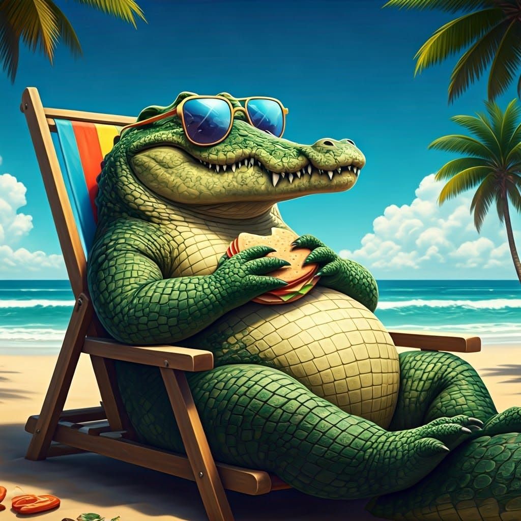 Relaxed Crocodile Lounging on Beach in Splash-Art Style
