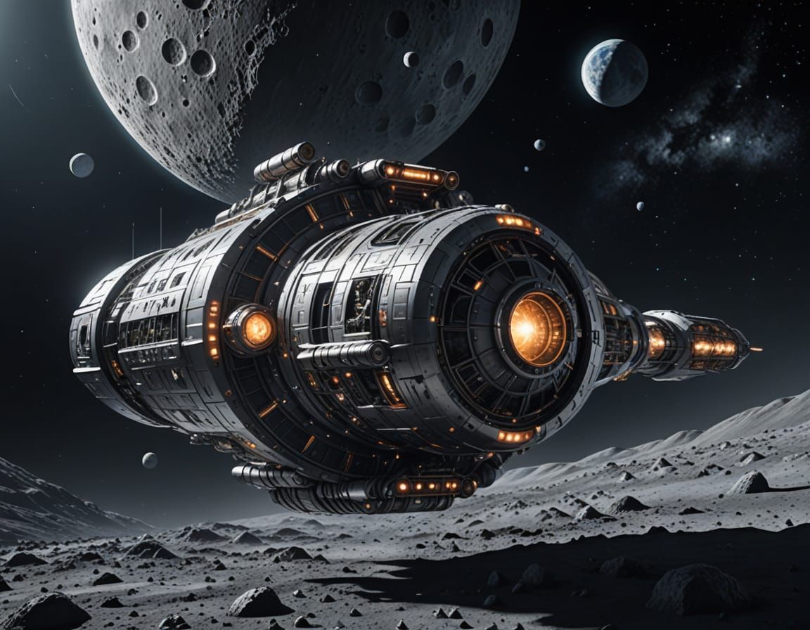 Futuristic Spaceship Explores Lunar Orbit