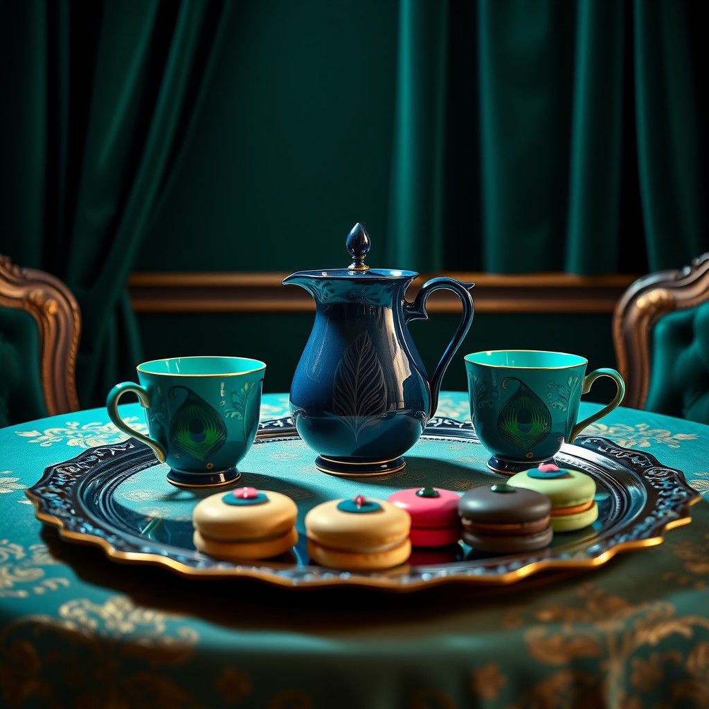 Peacock-Colored Tea Room in Hyperrealistic Style