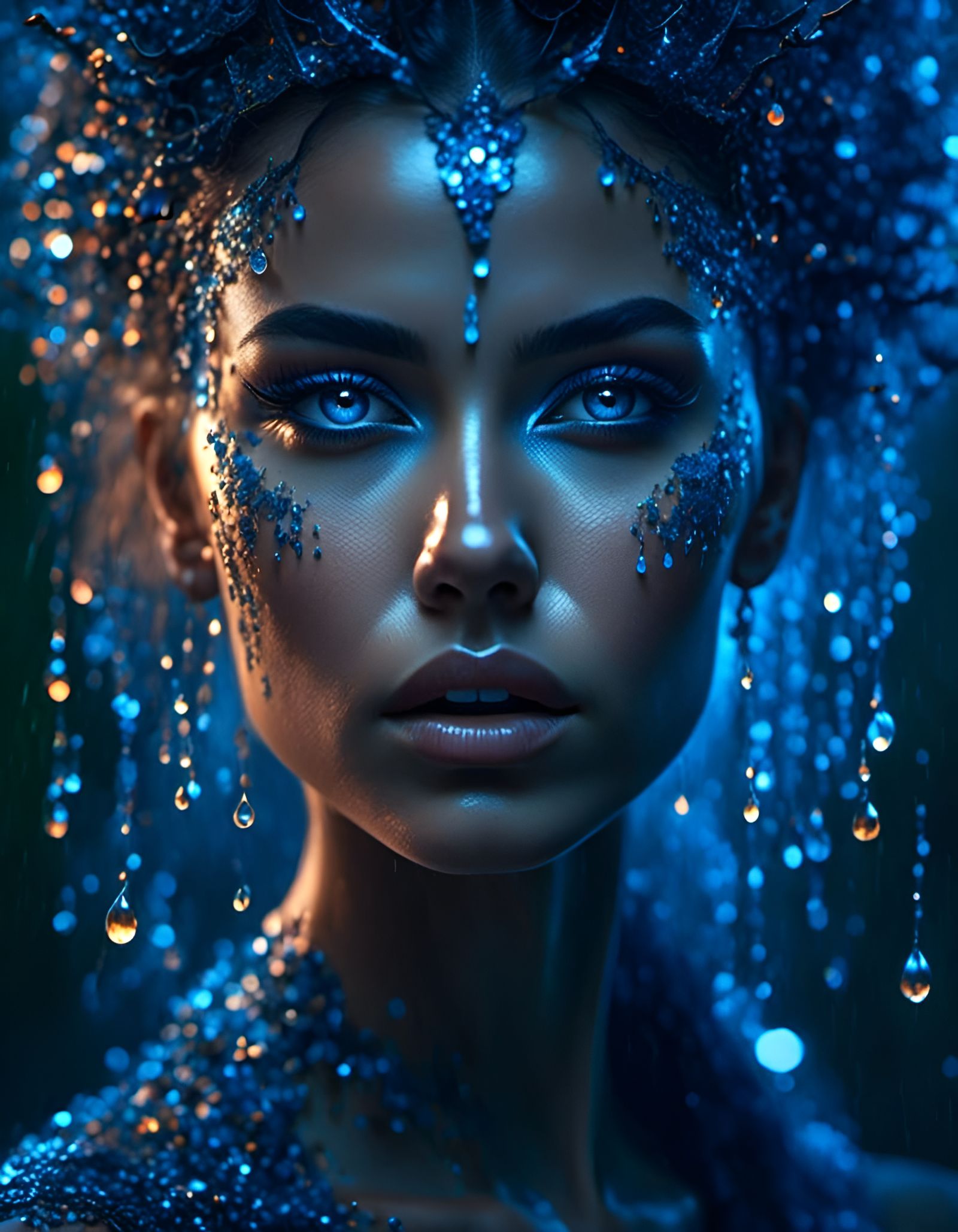 Hyperrealistic Woman with Dew Drops in Blue Hour