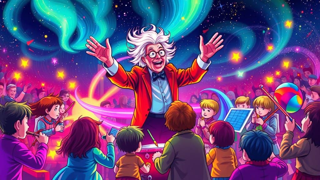 Joyful Children's Orchestra in Vibrant Cartoon Chaos