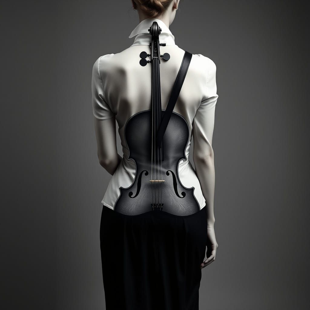 Elegant Woman with Cello Tattoo in Photographic Style