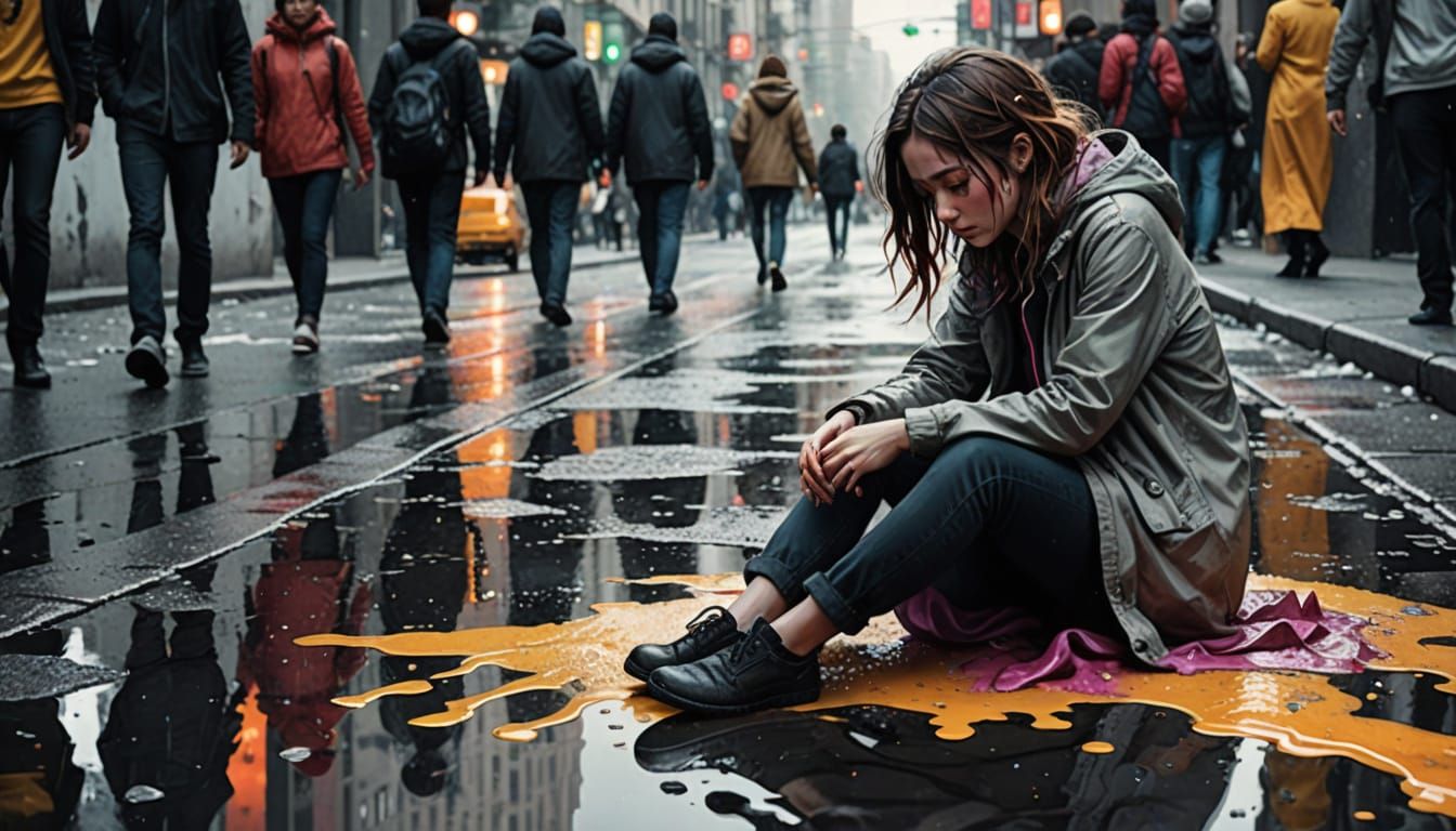 Melancholy Woman Melting in Urban Surrealism