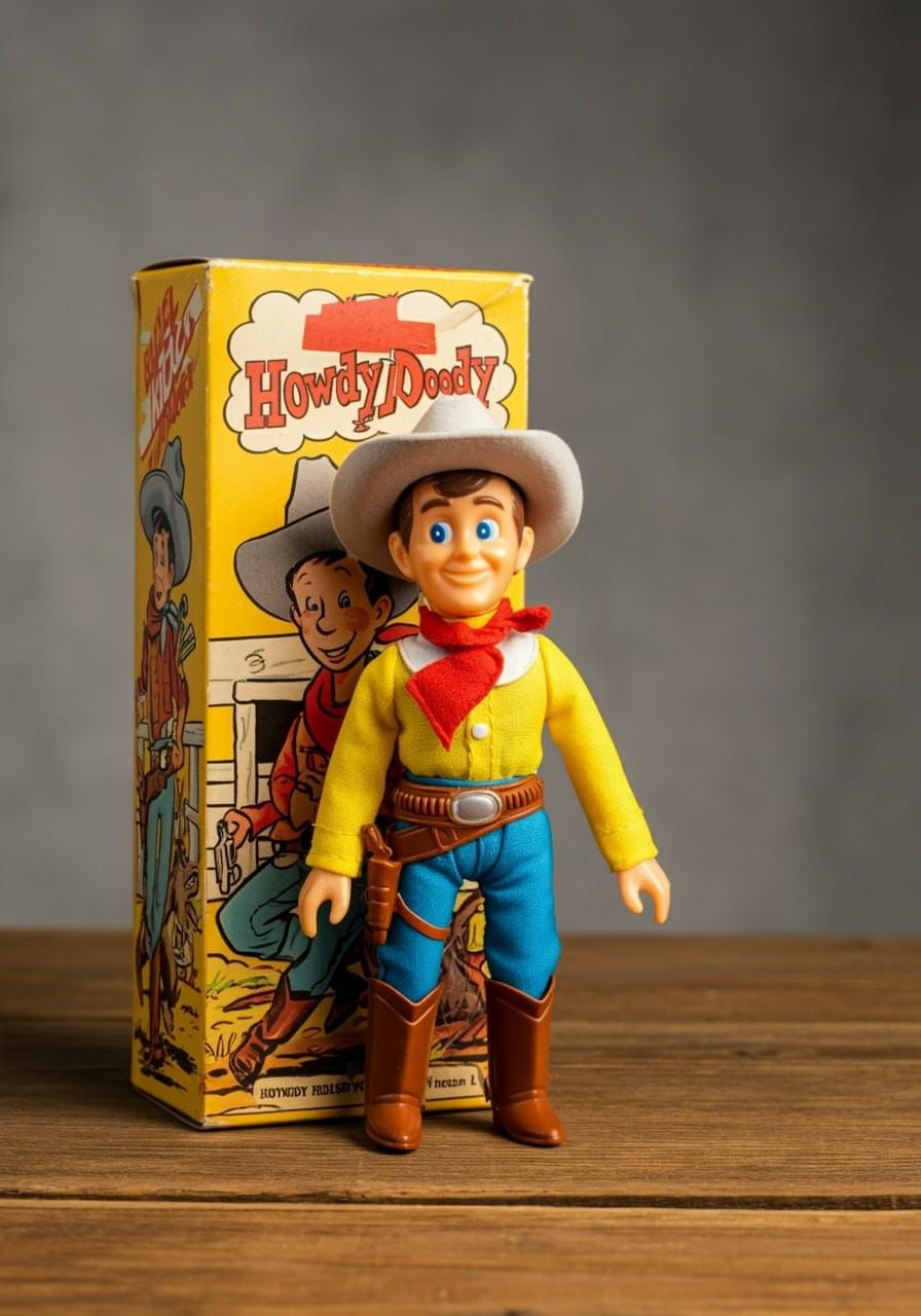 Vintage Cowboy Action Figure in a Whimsical Cardboard Box Sc...
