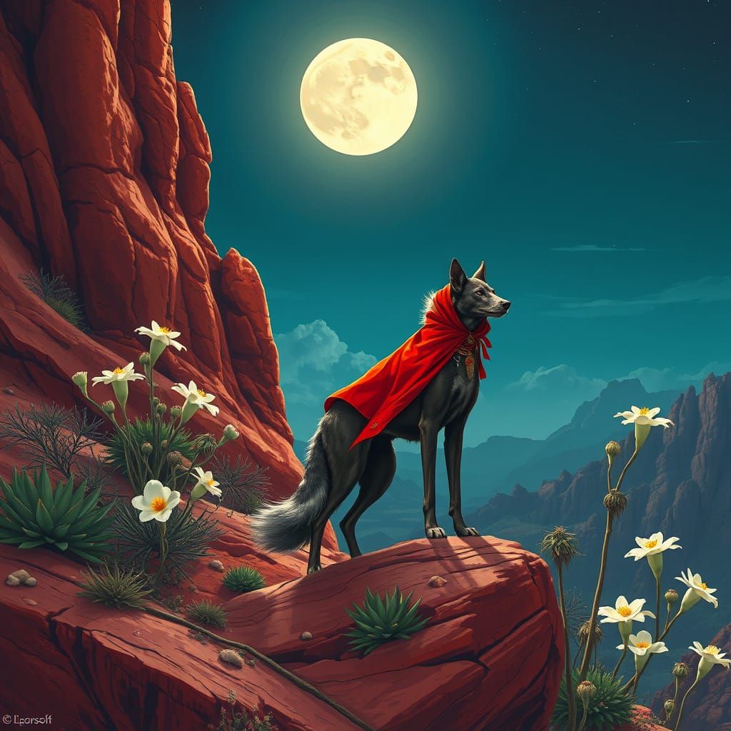 Shaman Dog on Red Cliff with Moon Flowers