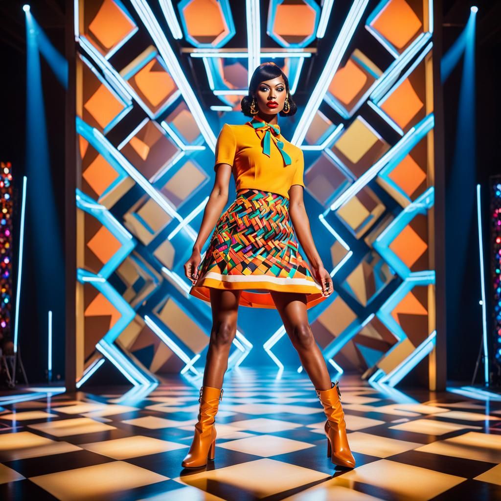 Confident Woman on 1960s Catwalk in Gritty Cinematography