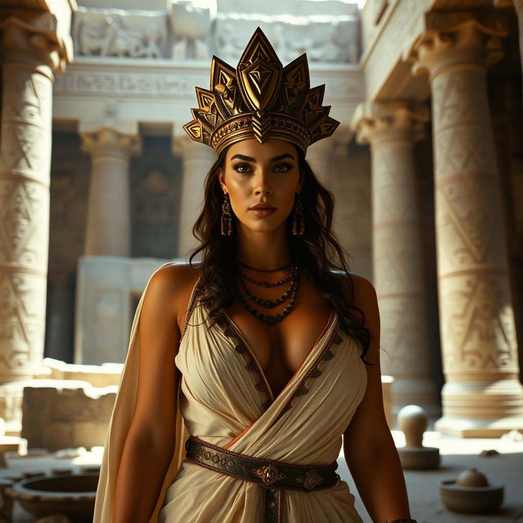 Ethereal Sumerian Priestess in Ancient Temple Ruins
