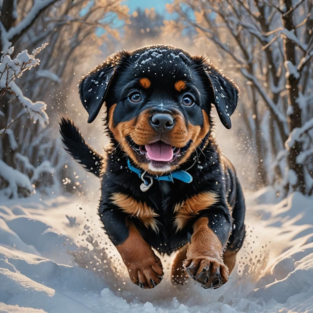 Rottweiler Puppy Playing in Snow: Hyper-Realistic Pet Art