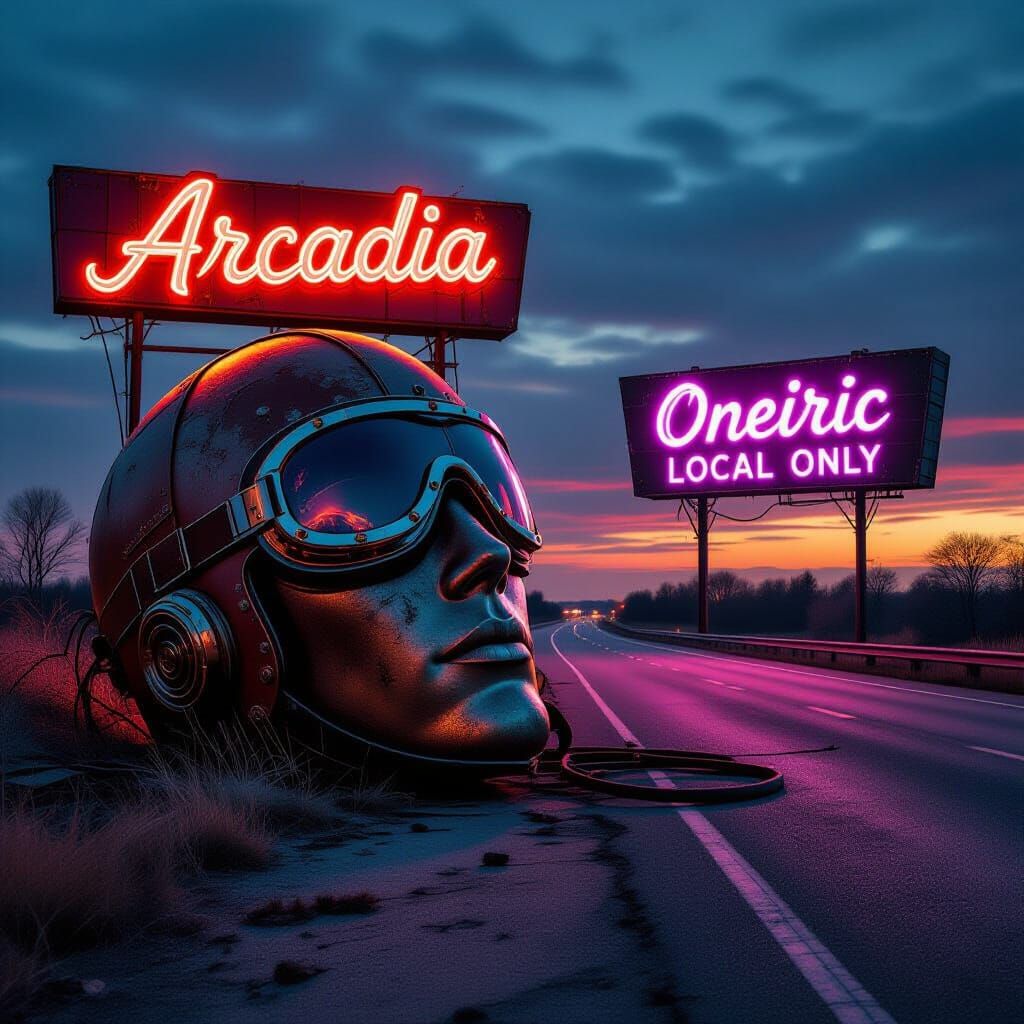 Steampunk Head with Neon Sign: Surreal Twilight