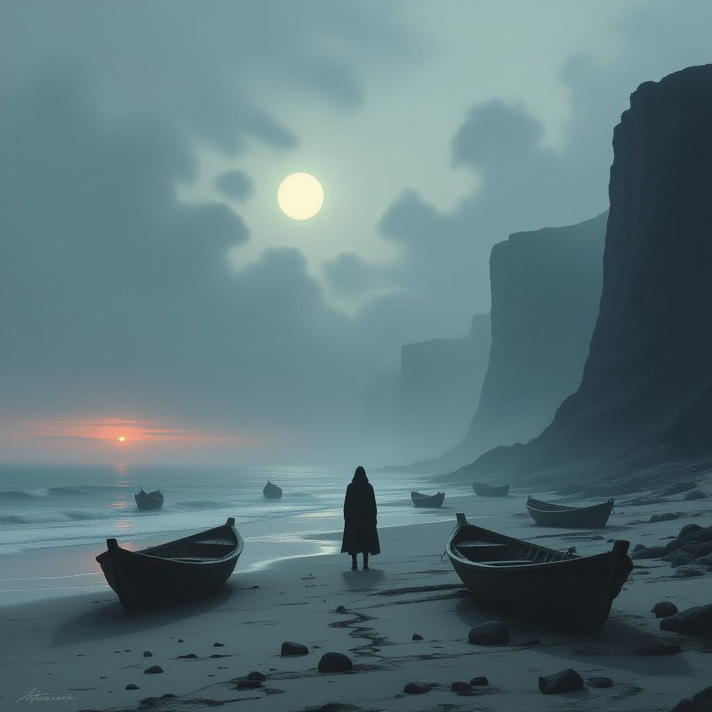 Figure on Desolate Beach With Bone Boats