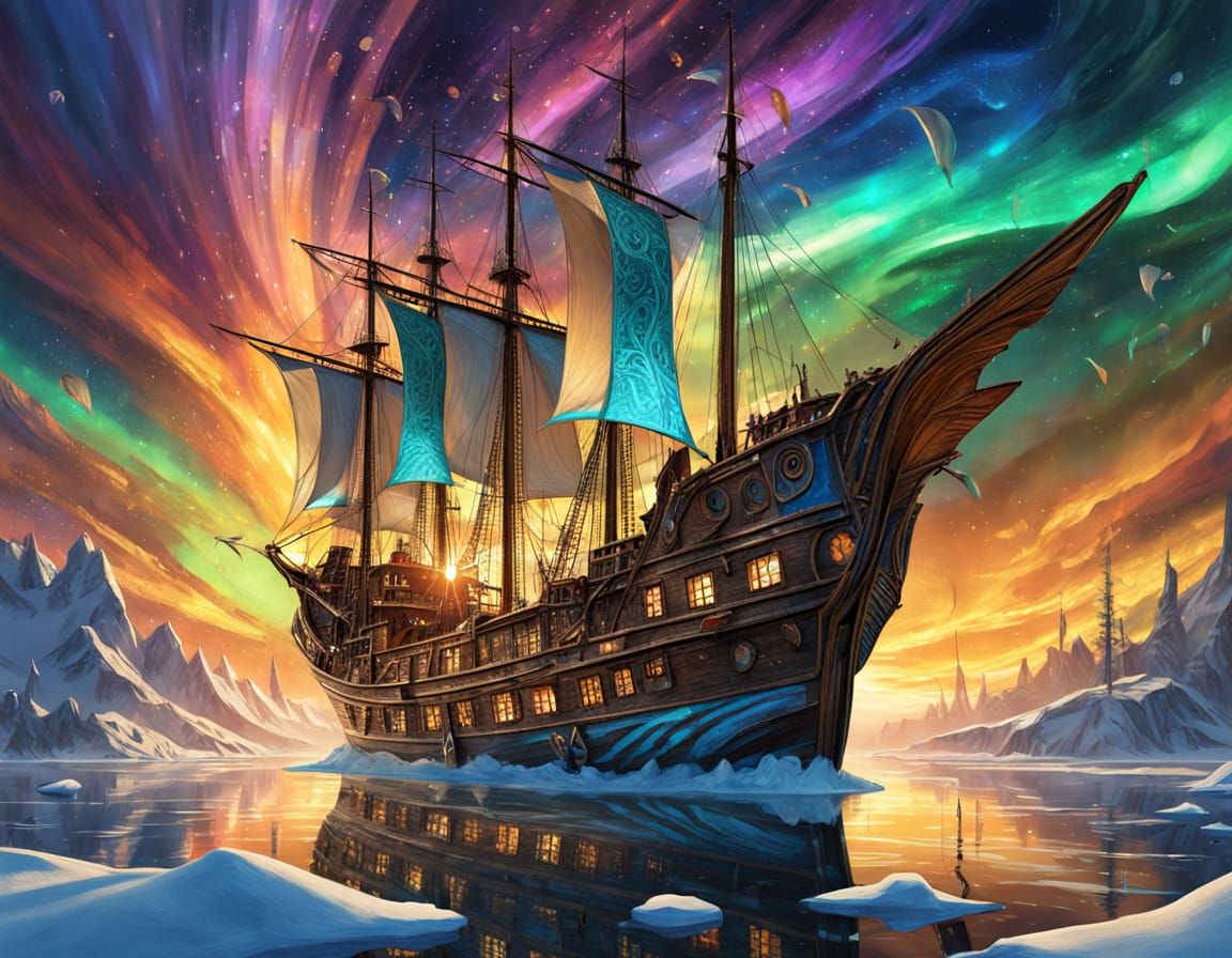 Winged Ship Navigates Aurora Borealis in Digital Painting
