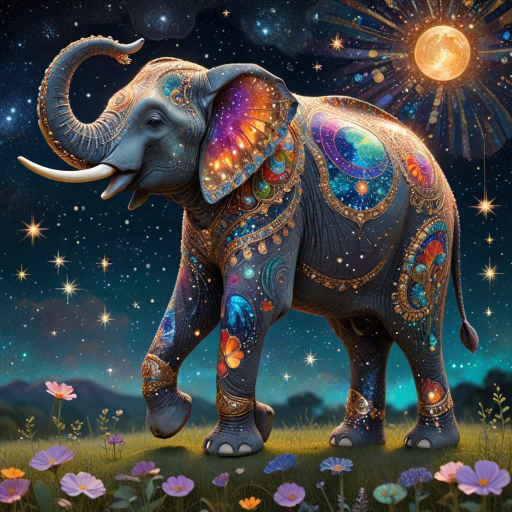 Celestial Elephant in Colorful Collage Style