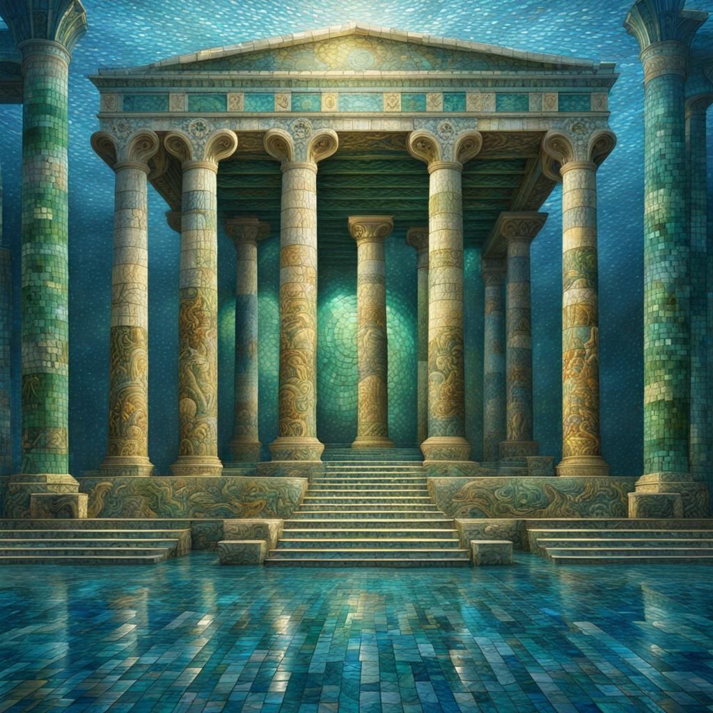 Greek Mosaic of Poseidon's Temple with Sea Life