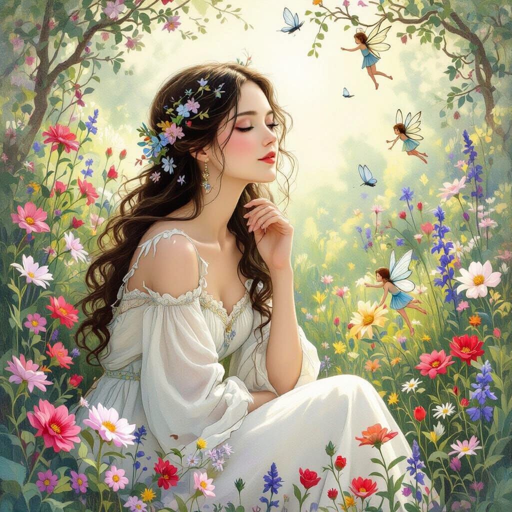 Heavenly Garden with Fairies in Rackham Style