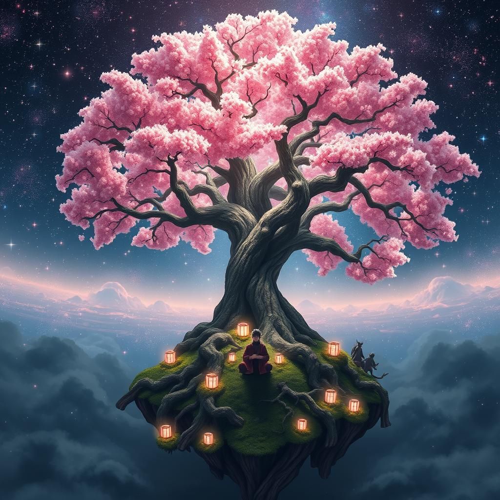 Celestial Cherry Blossom Tree with Naruto Meditating