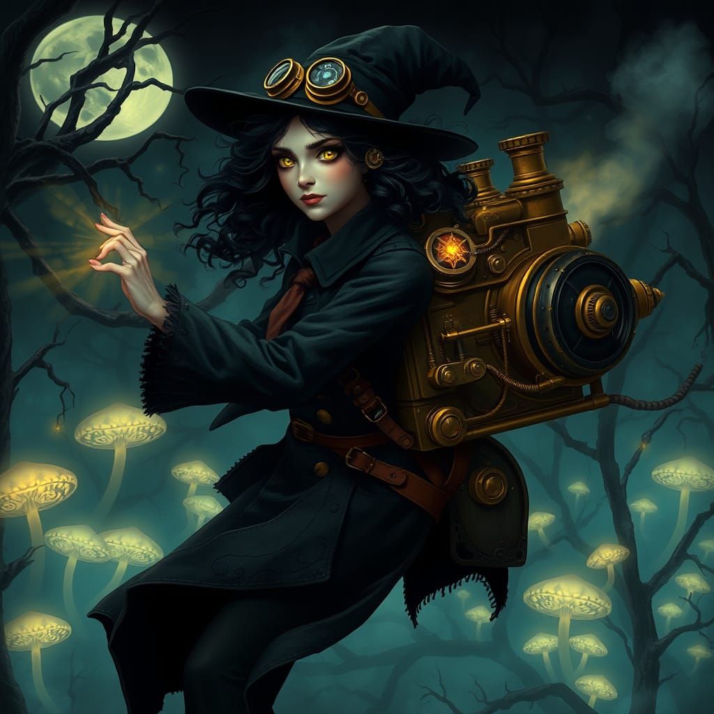 Mystical Witch in Moonlit Forest with Steam-Powered Engine
