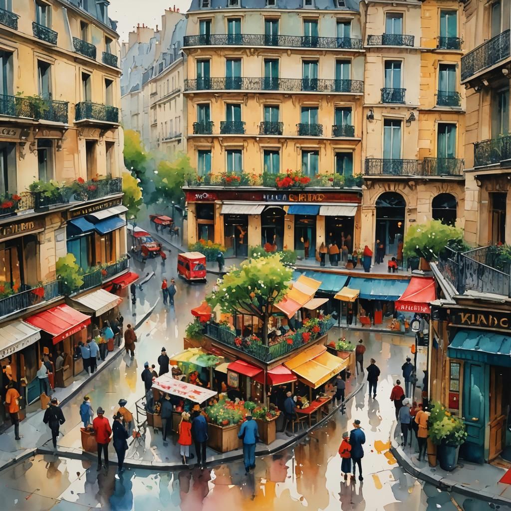 Paris Scene in Vivid Watercolor Gouache Style