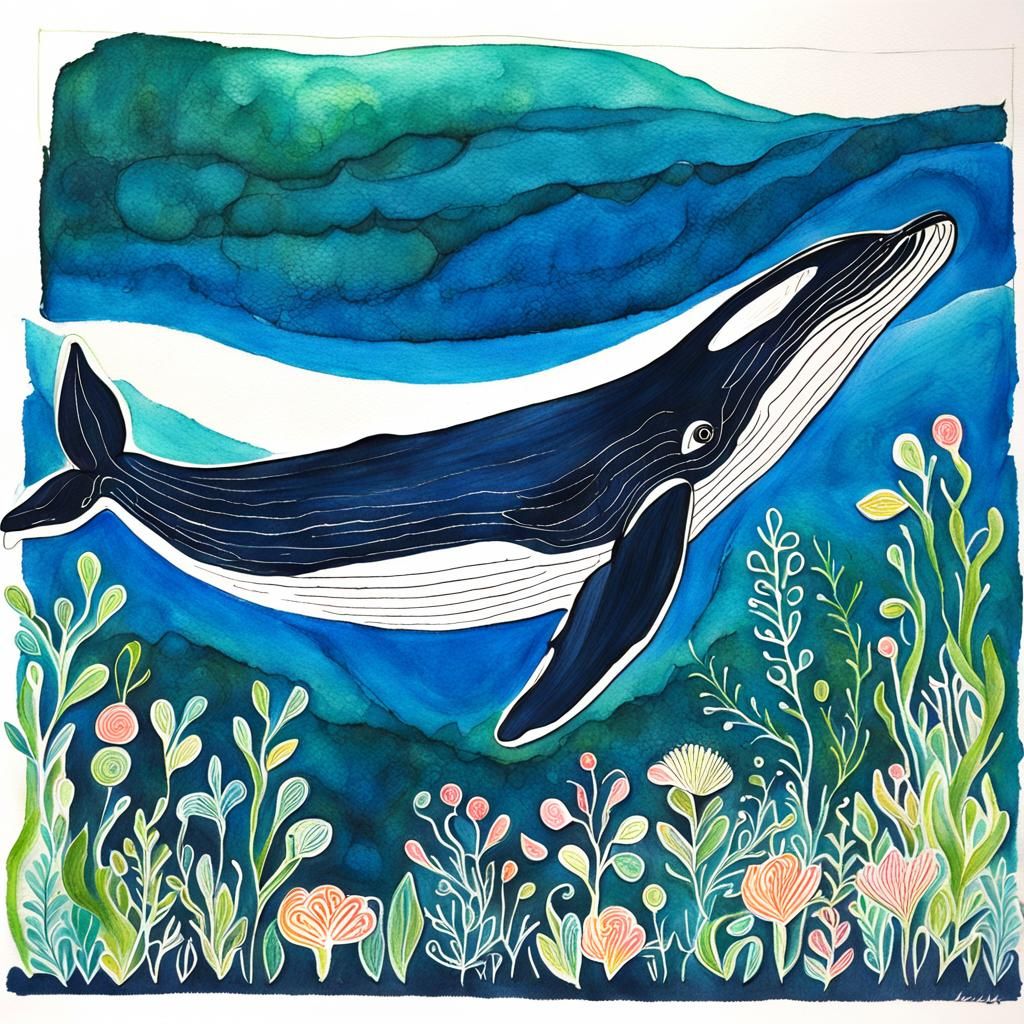 Whale in Flower Garden: 3D Charcoal Gouache
