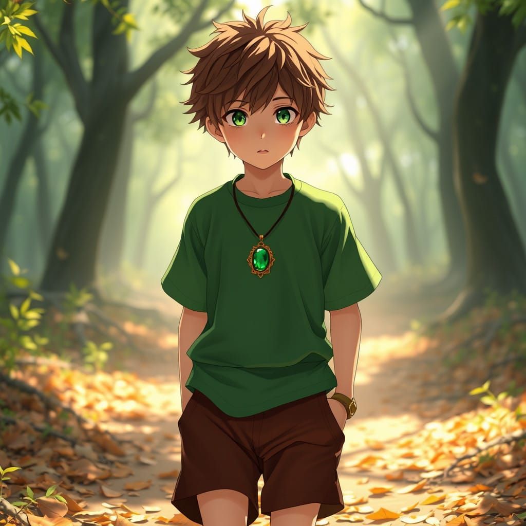 Boy in Sunlit Clearing with Emerald Accents