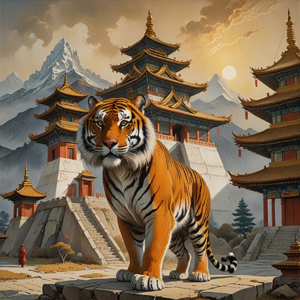 Majestic Tiger in Front of a Buddhist Stupa in Tibetan Lands...