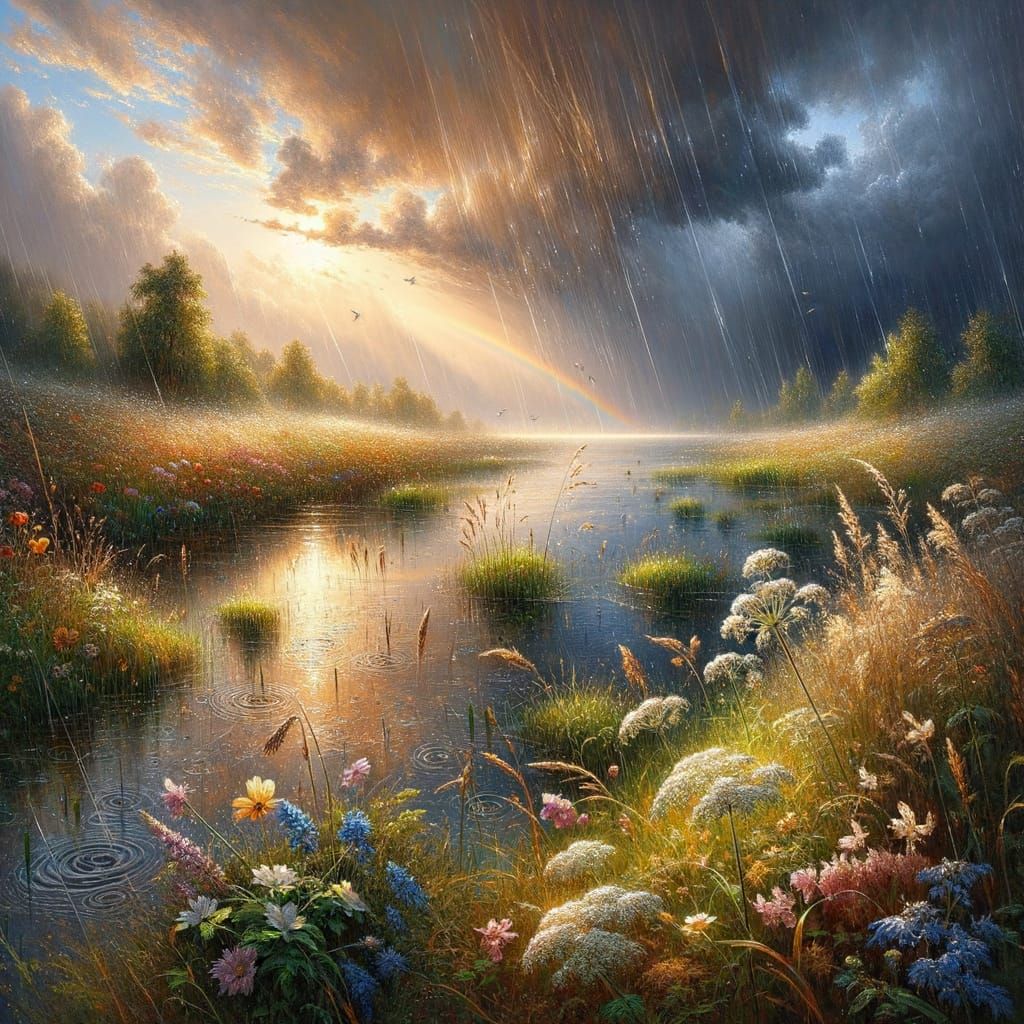Tranquil Meadow After Rain: Oil and Watercolor Painting