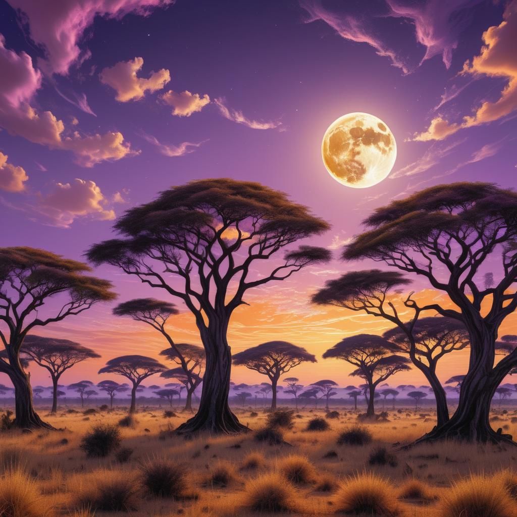African Savannah Moonrise in Fractal Art Style