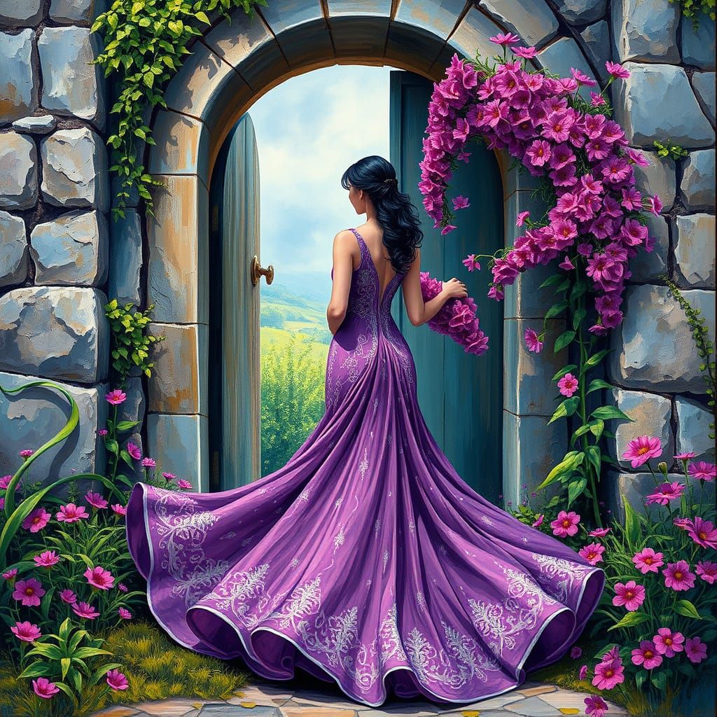 Woman in Violet Gown at Stone Doorway
