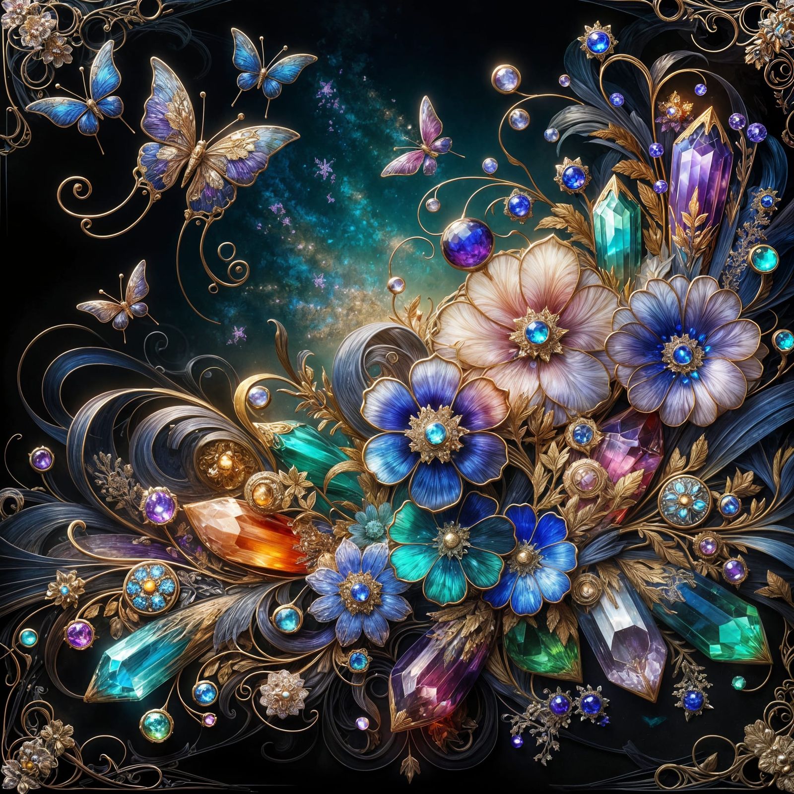 Art Nouveau Flowers and Butterflies in Glass