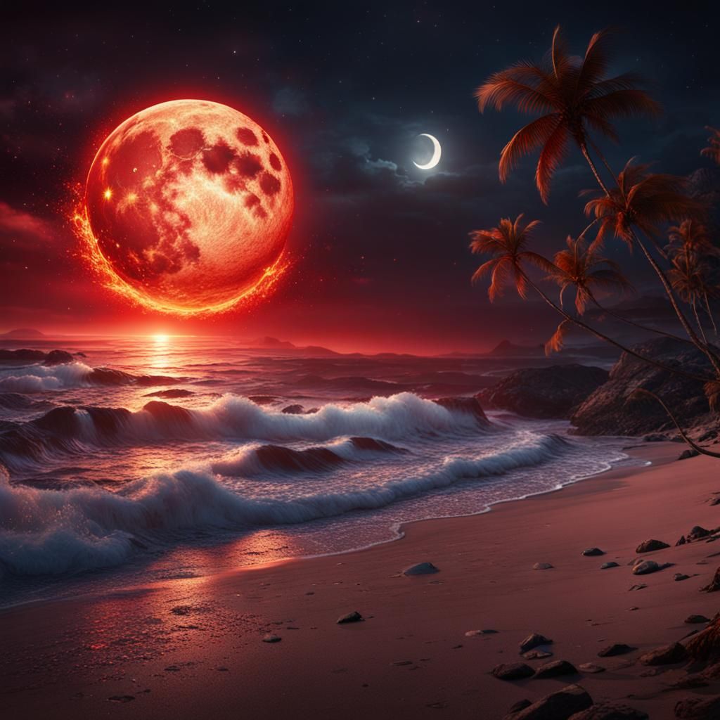 Flaming Red Eye on Beach in Moonlight
