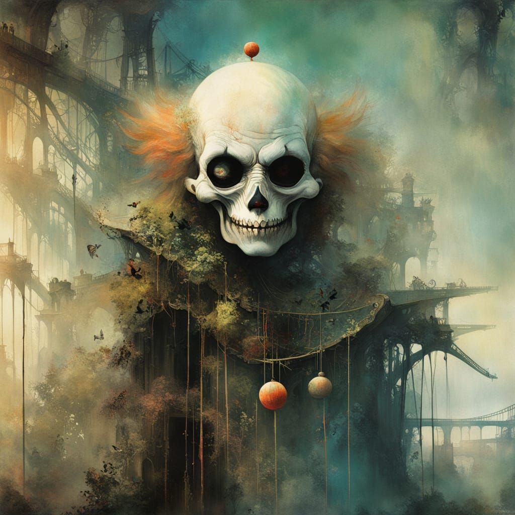 Surreal Skeletal Clown Emerges from Hieronymus Bosch Landsca...