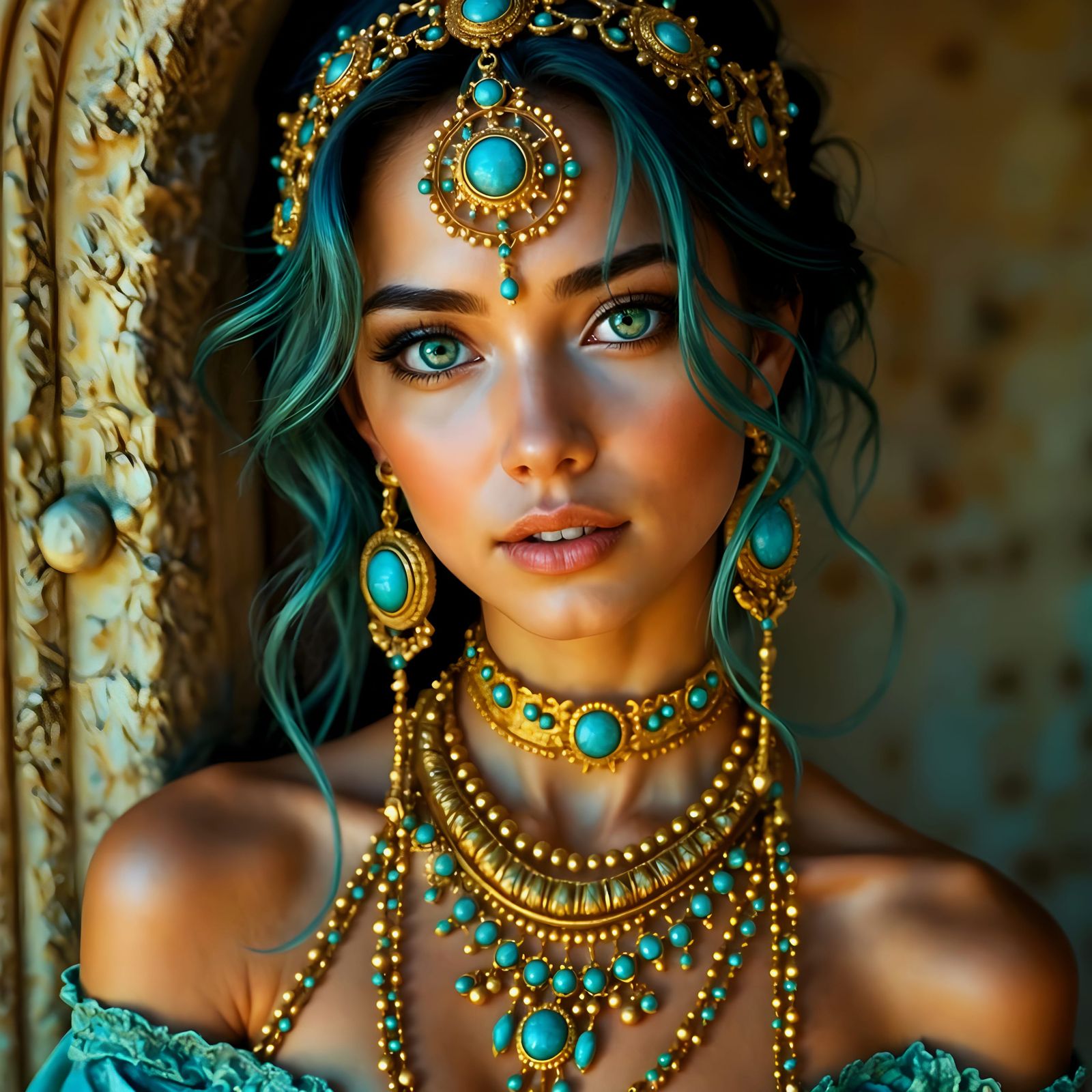 Turquoise Eyed Harem Girl in Opulent Gold and Turquoise
