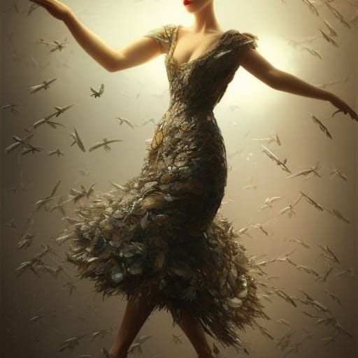 Woman of Birds in 1930s Dress: Hyperdetailed Portrait