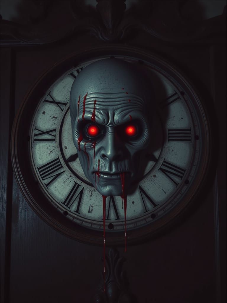 Sinister Grandfather Clock with Red Glowing Eyes