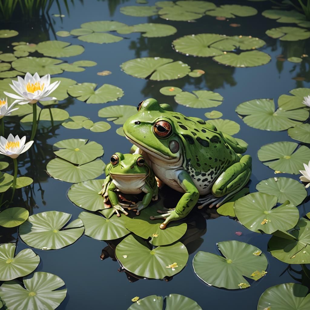 Frogs Kissing on Lily Pad in 3D Anime Art