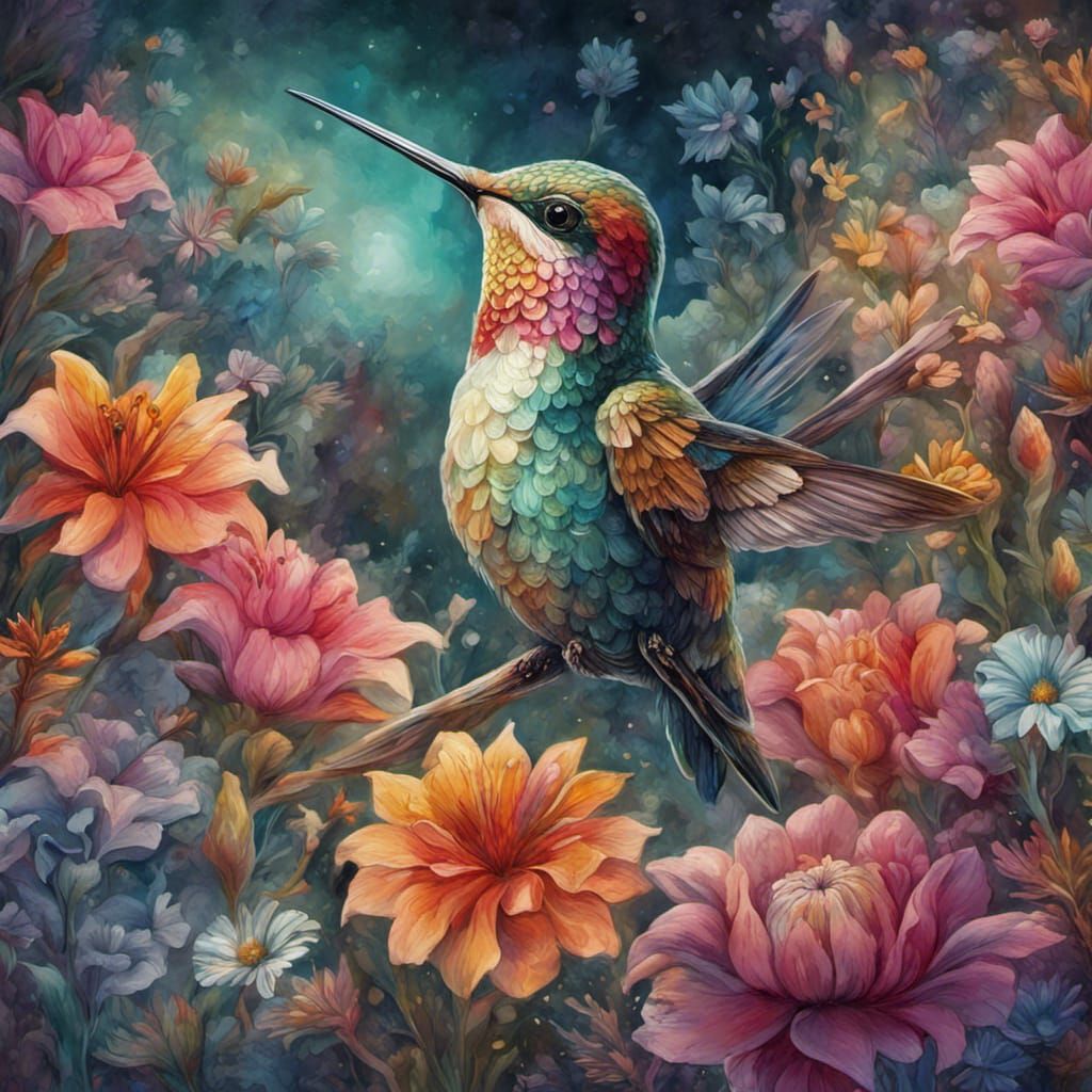 Hummingbird in Flowers: Dreamy Watercolor Illustration