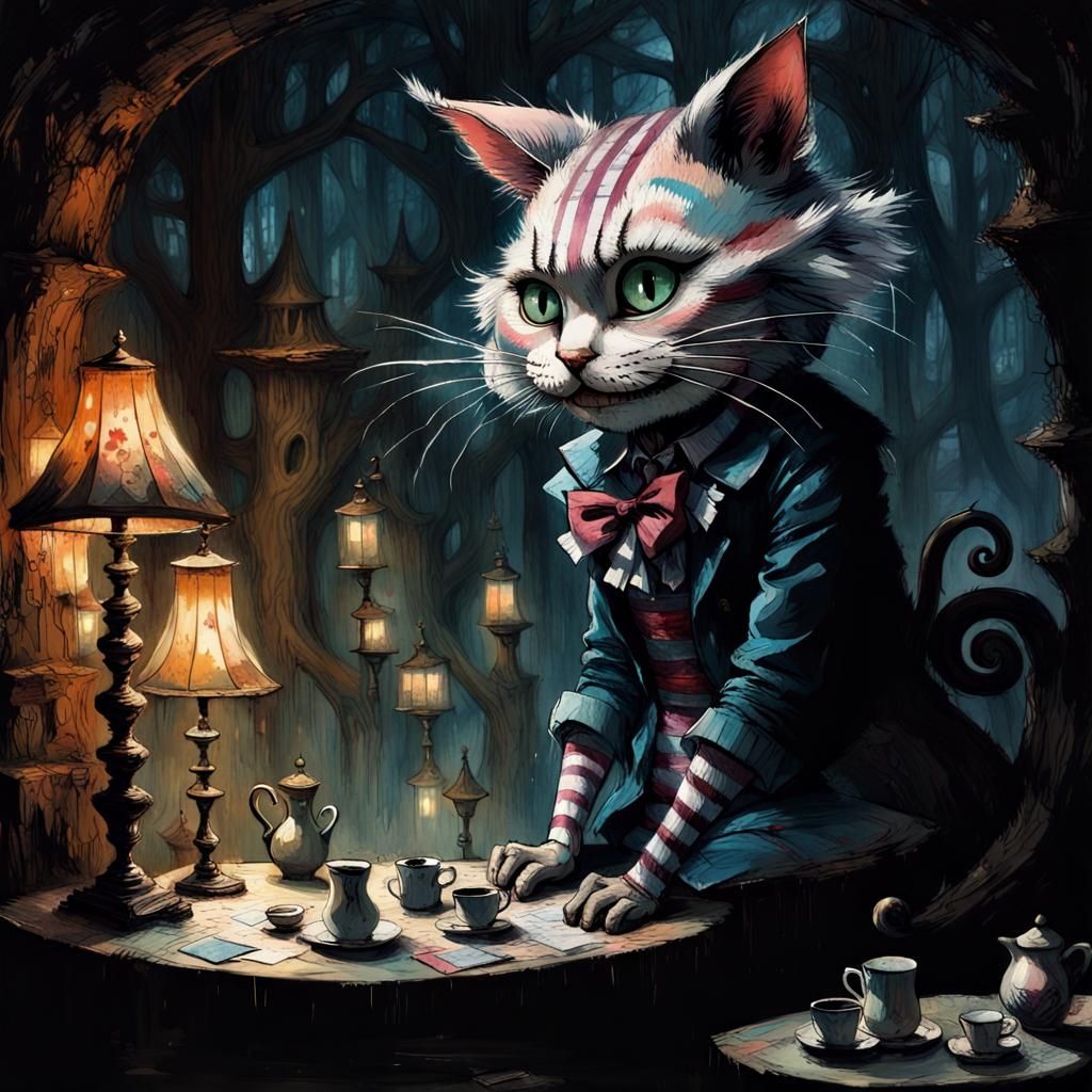 Alice and Cheshire Cat in Dark Fantasy Wonderland