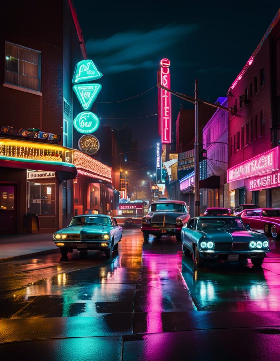 Neon Lit Cars in Urban Nightscape