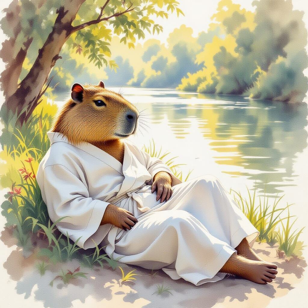 Capybara in White Robe: Watercolor Riverbank Scene