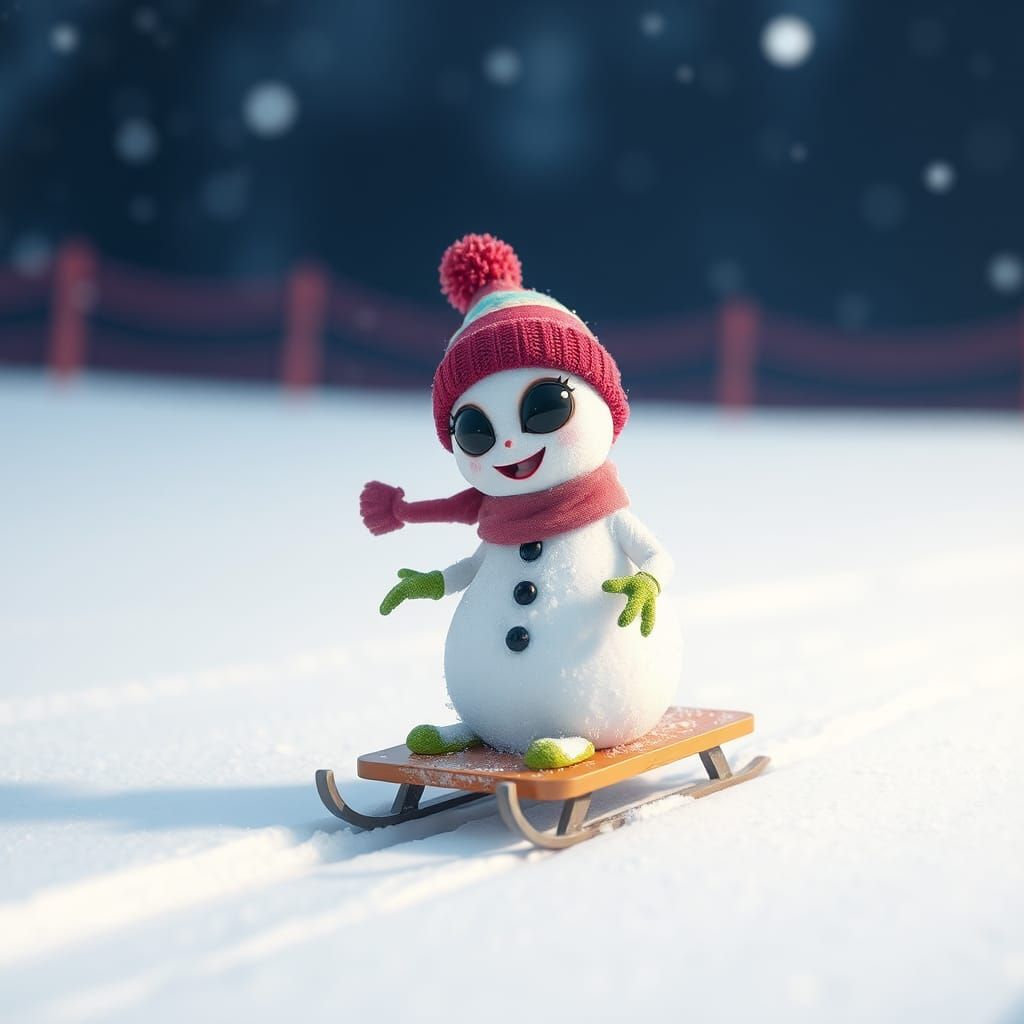 Cute Alien Snowman Sledding Adventure